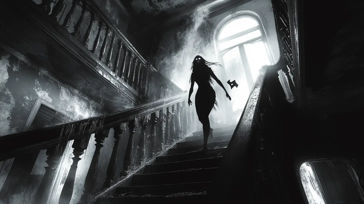 Lone explorer confronts ghost on mansion staircase