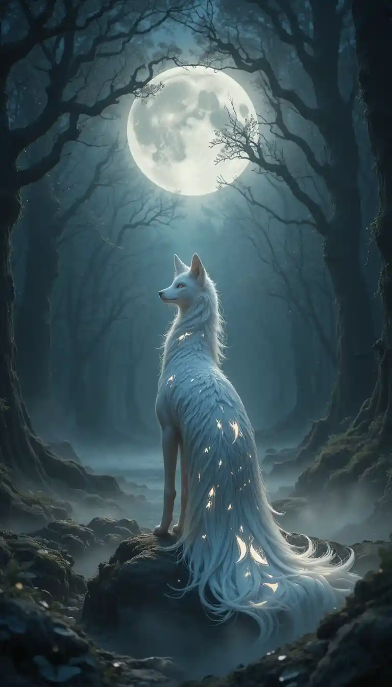 Silver fox in a moonlit forest clearing with drifting mist