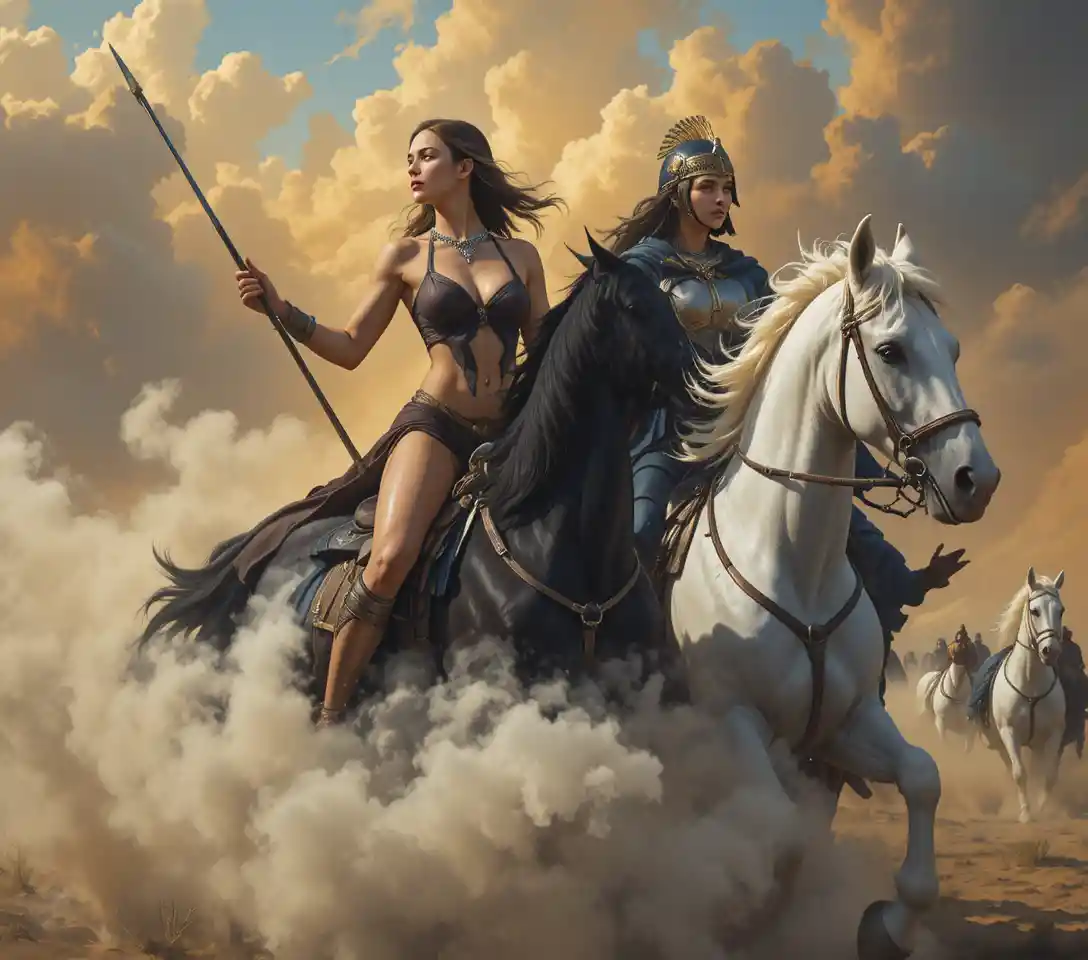 Two barbarian warrior women riding through a stormy sky