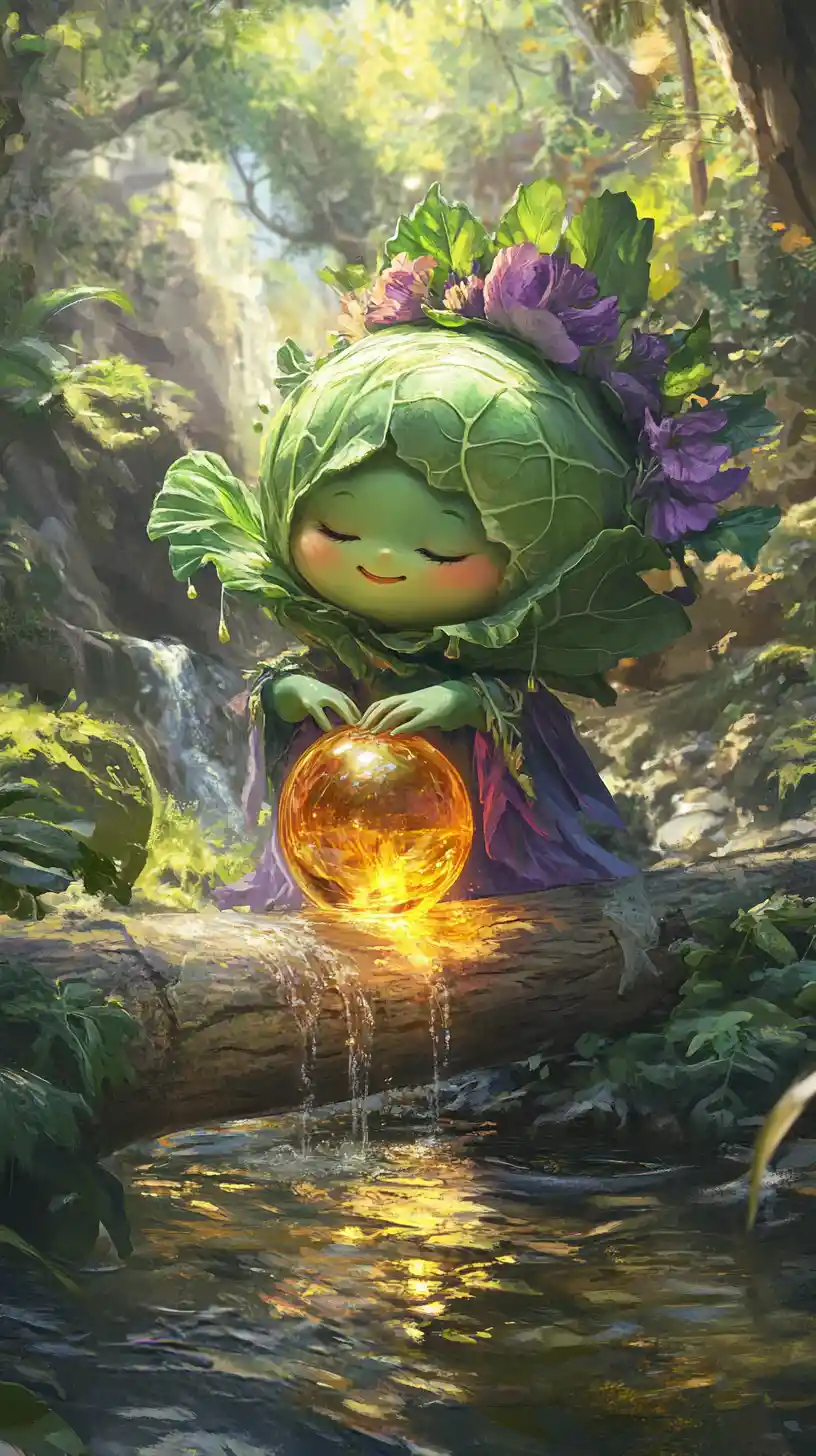 Whimsical cabbage girl guiding an amber glass ball