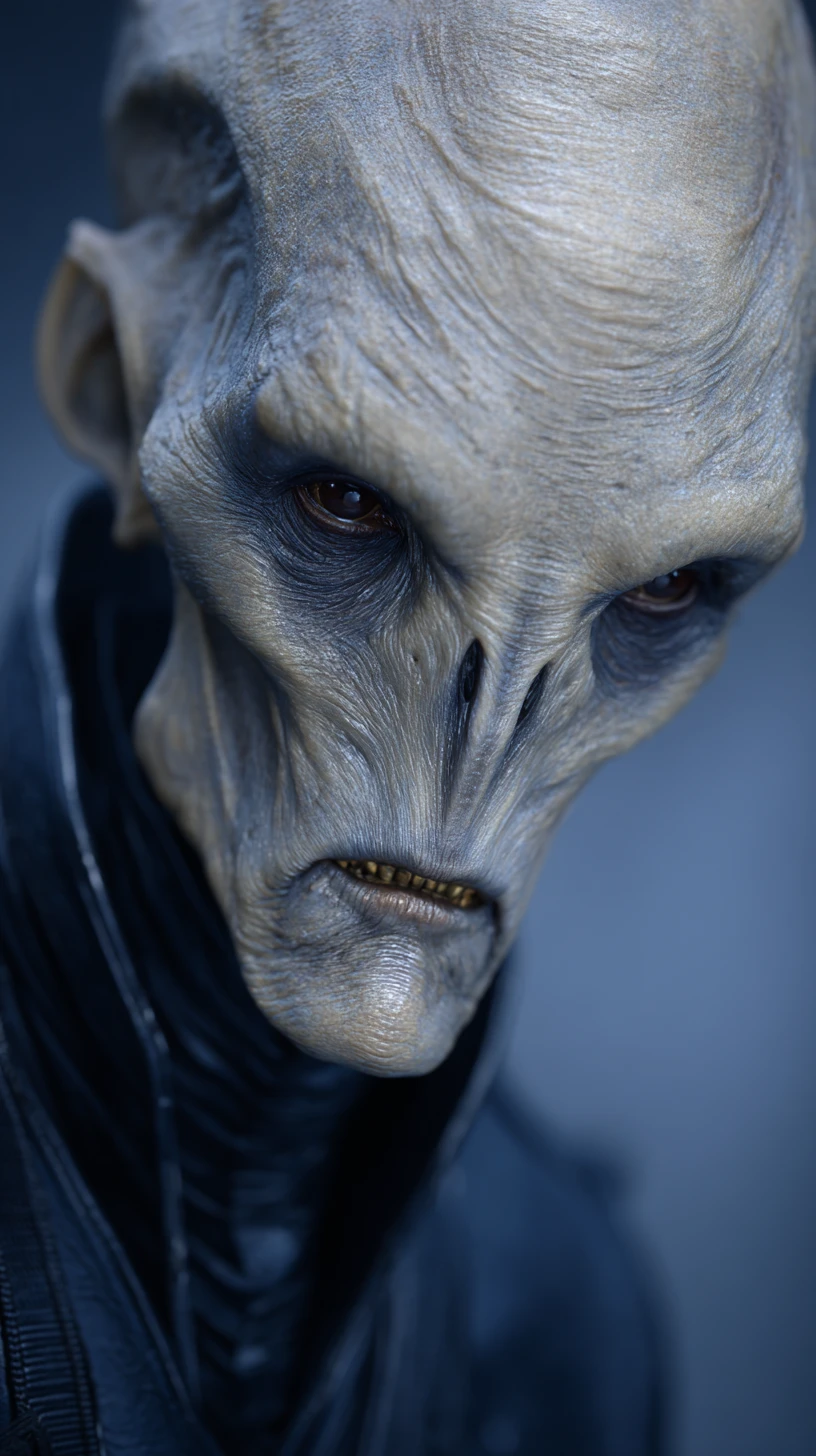 Full body alien figure in a distant sci fi landscape