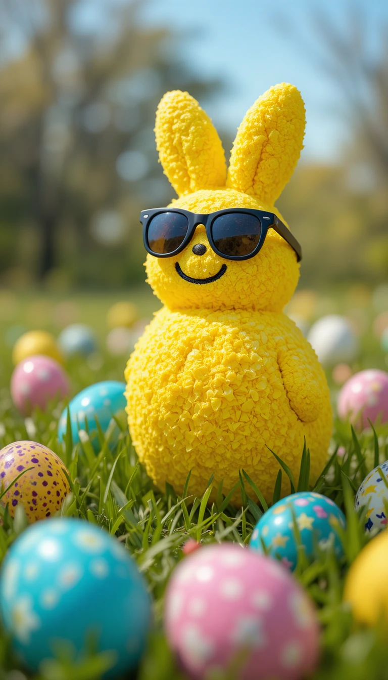Smiling yellow chick in sunglasses among colorful Easter eggs