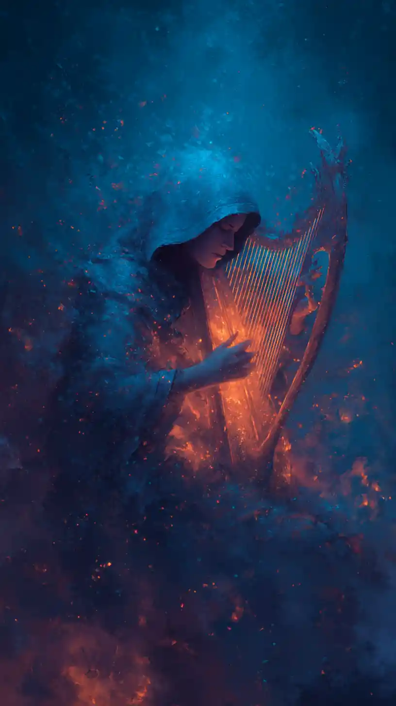 Mystical harpist playing amid swirling elemental energy