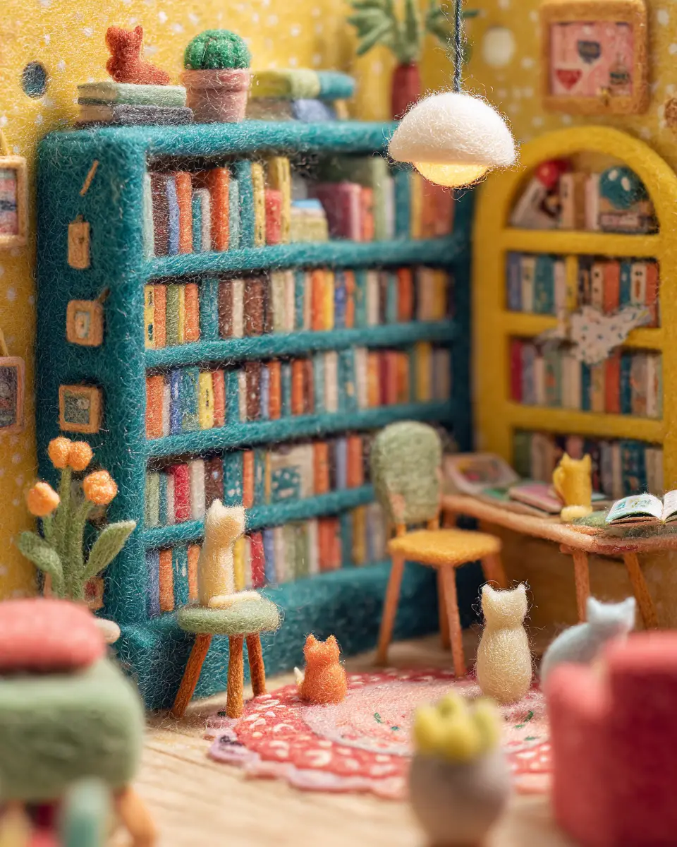 Colorful Felt Bookstore Interior With Hidden Cats