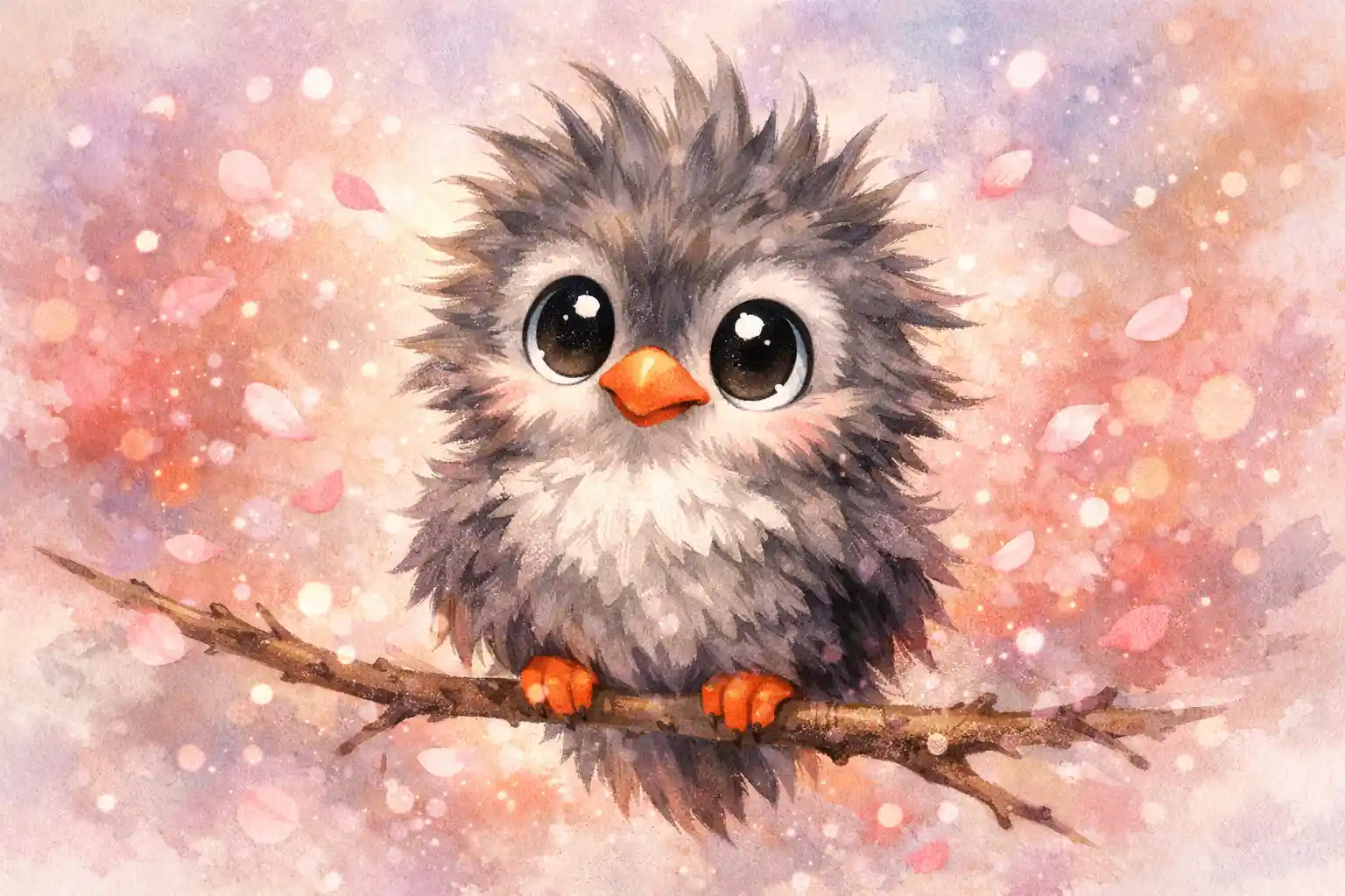 Cute cartoon bird on branch in pastel watercolor scene
