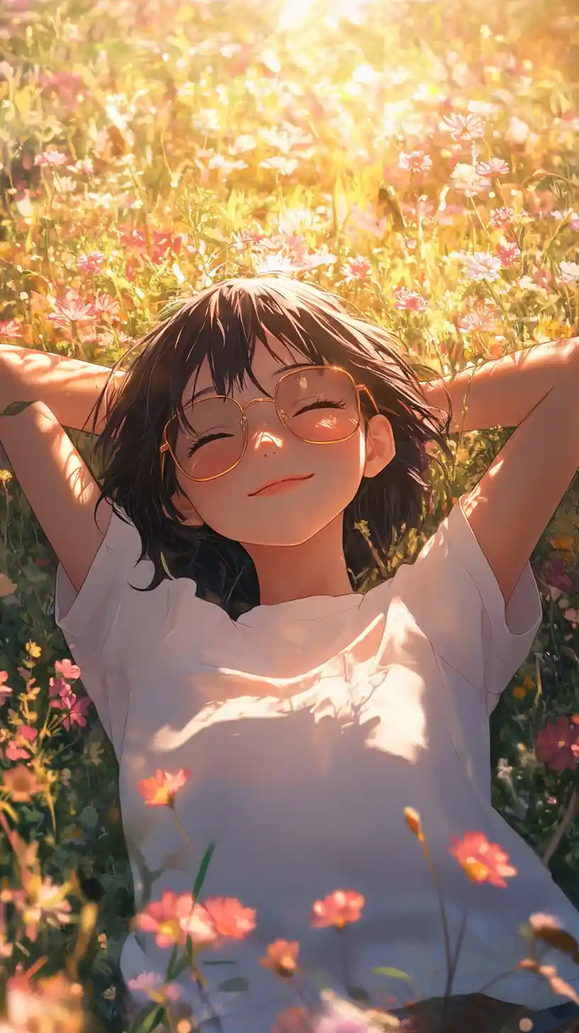 Anime girl relaxing in a sunny wildflower field