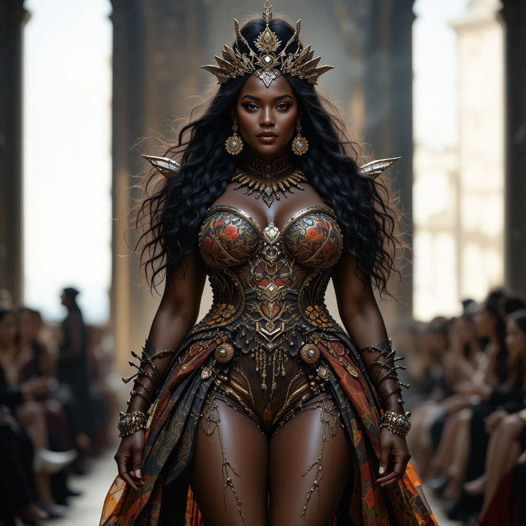 Mujer negra curvilínea con alta costura vanguardista inspirada en El Rey León en la pasarela