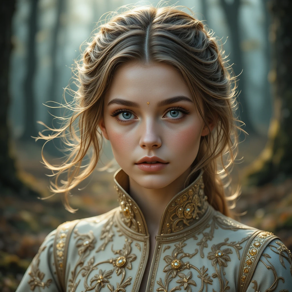 Blue eyed girl in ornate dress in dreamy forest