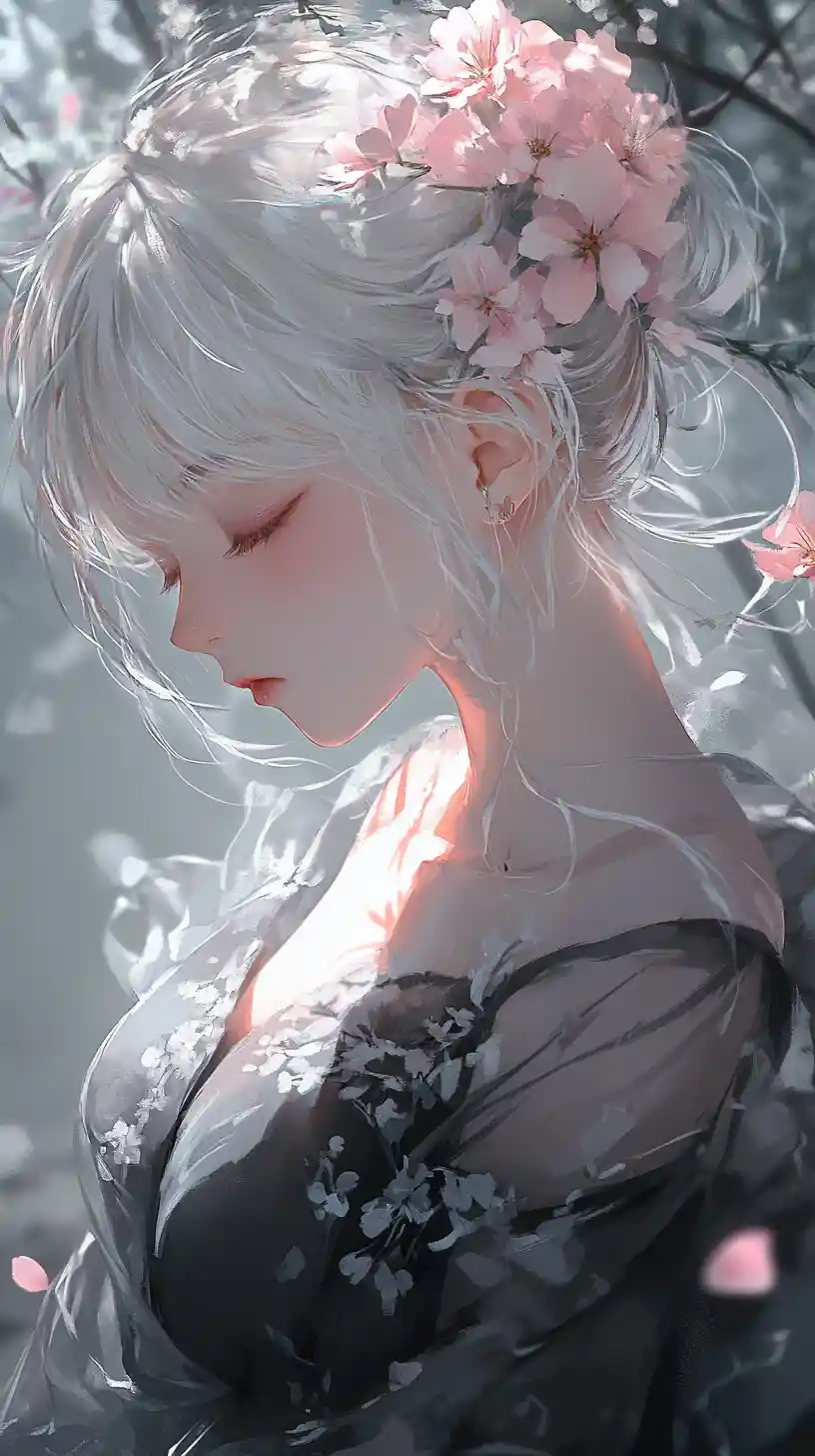 Anime girl in dark ethereal dress with closed eyes