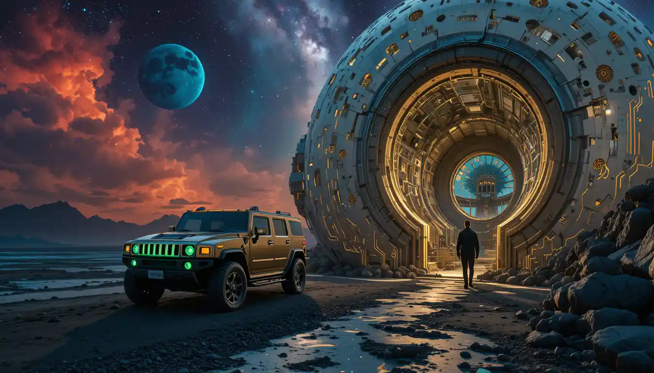 SUV eléctrico junto a portal en playa alienígena de arena negra