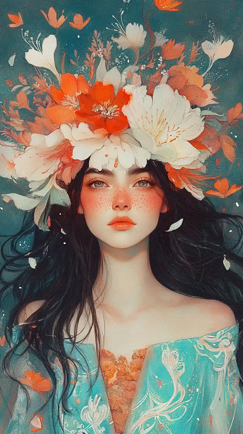 Dreamy watercolor portrait of a woman with floral headpiece