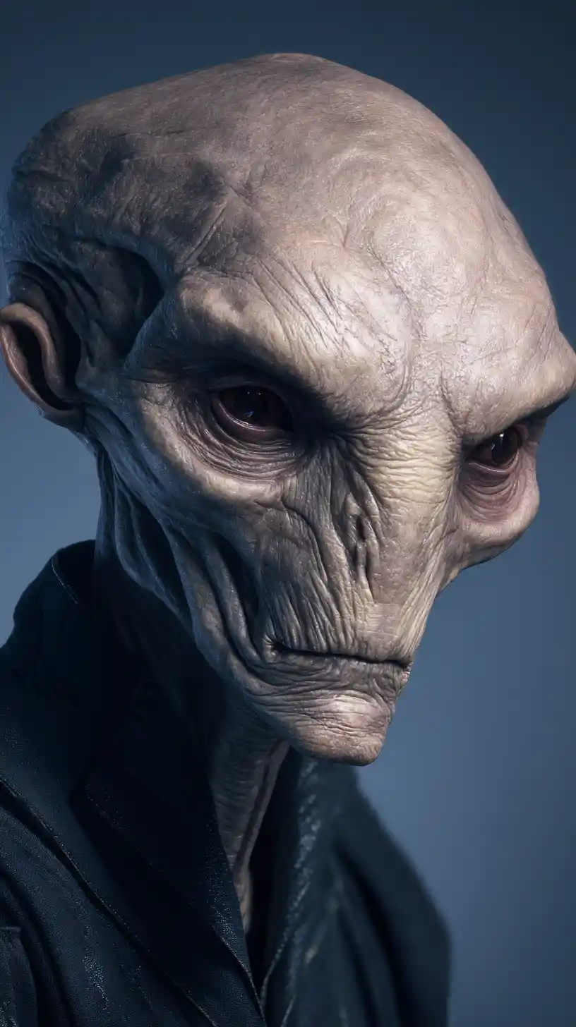 Figura alienígena em paisagem distante com nave espacial ao fundo