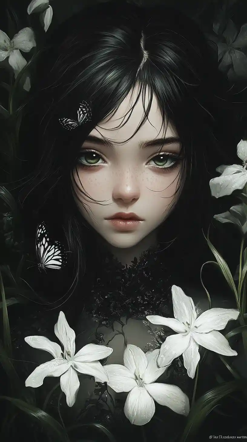 Melancholic girl in a black and white flower field