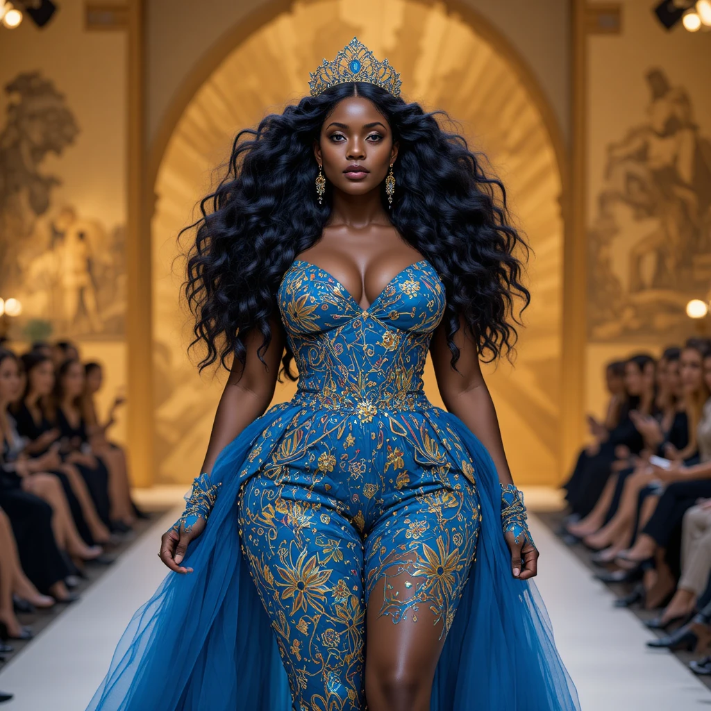 Curvy black fashion model in avant garde runway couture
