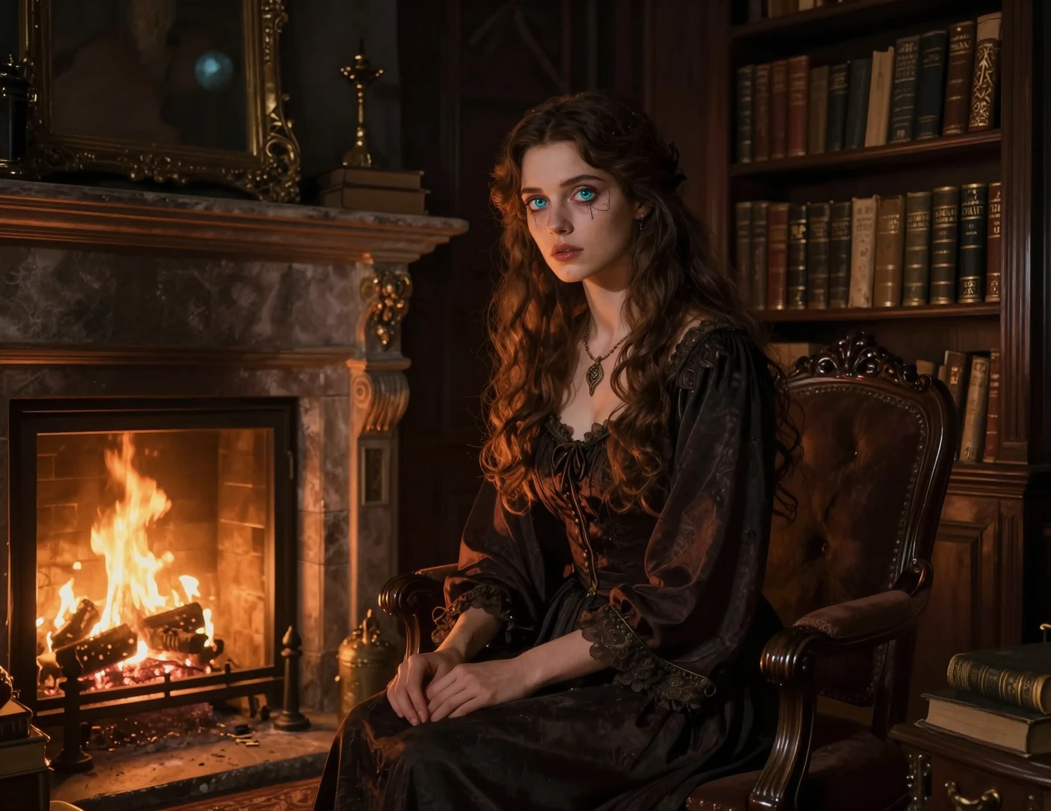Mysterious woman by a fireplace in an opulent study