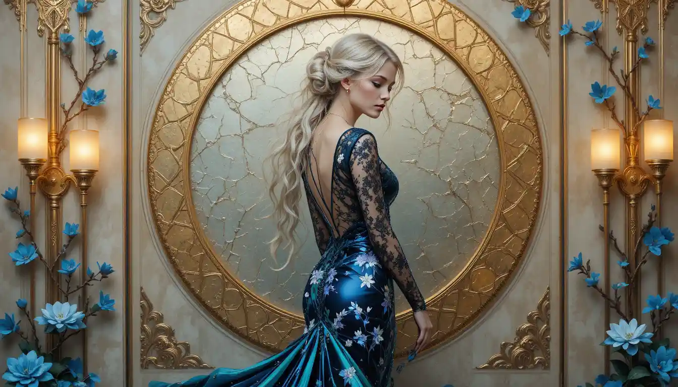 Ethereal woman with abstract leaf art nouveau wall