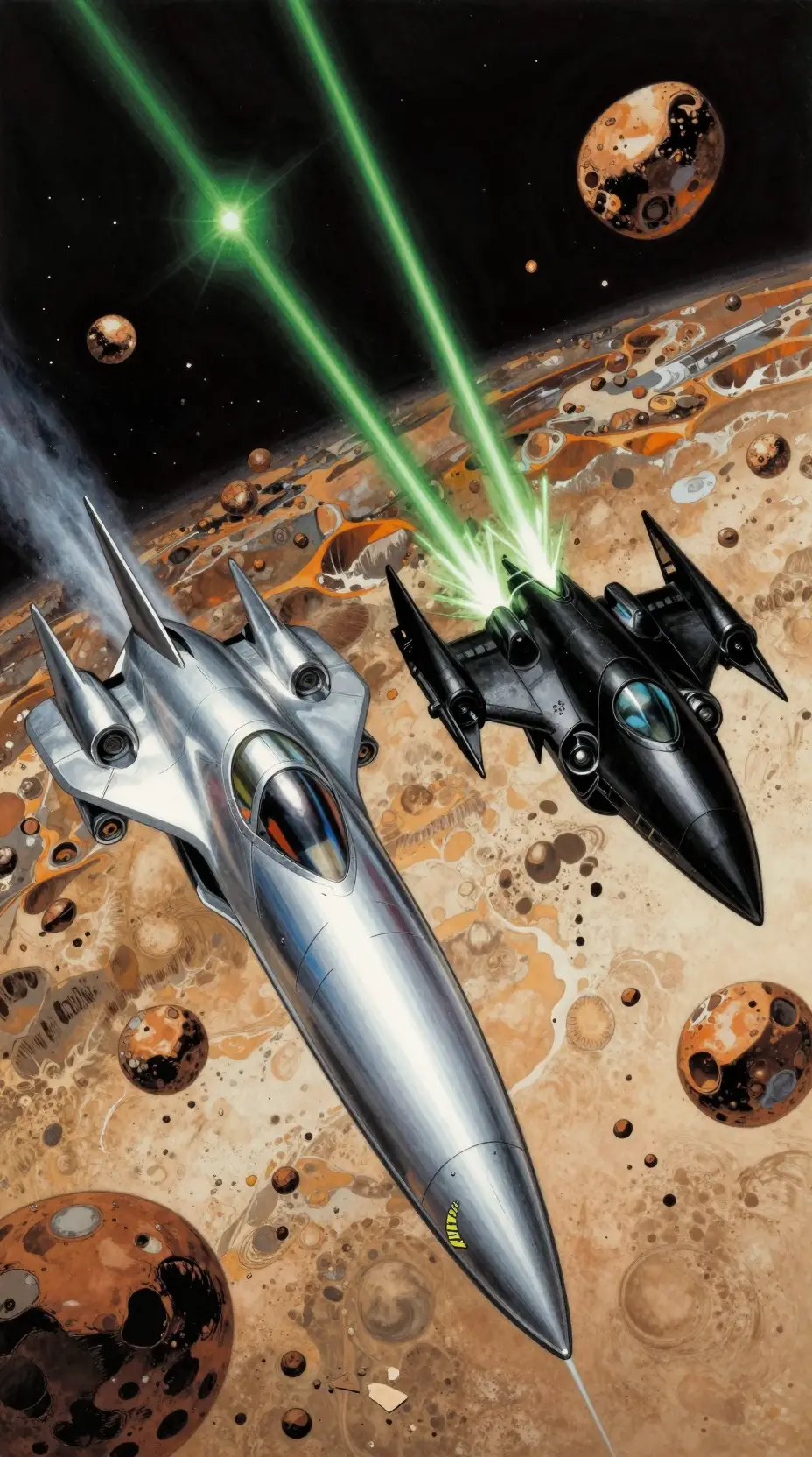 Epic space duel between fighters in a dense asteroid belt
