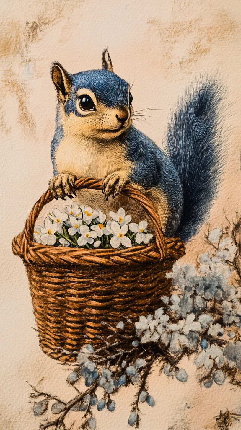 Fluffy squirrel with snowdrop basket in soft spring light