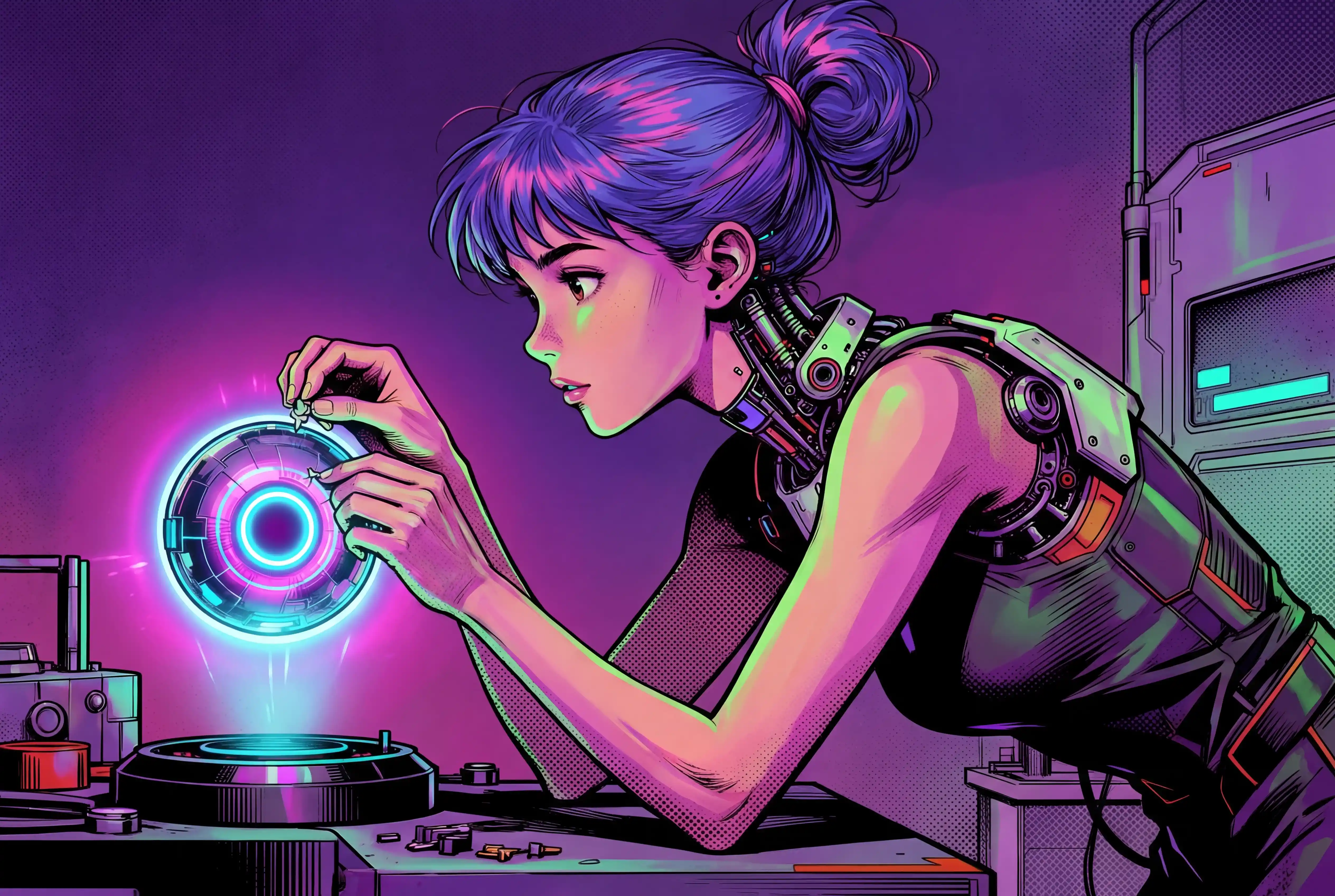 Cybernetic technician studying a glowing futuristic orb