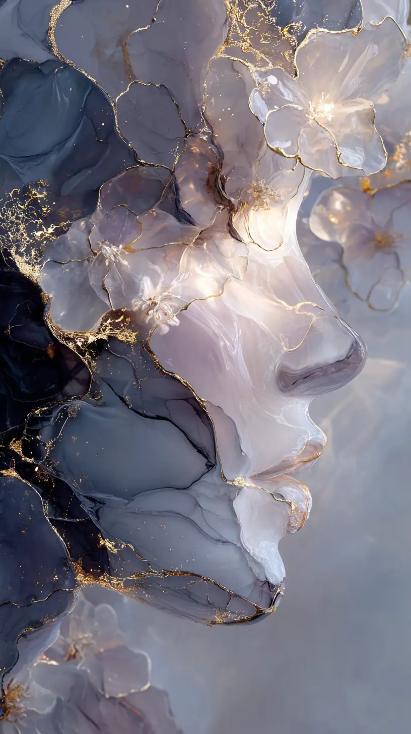 Ethereal girl merging with luminous flowering trees