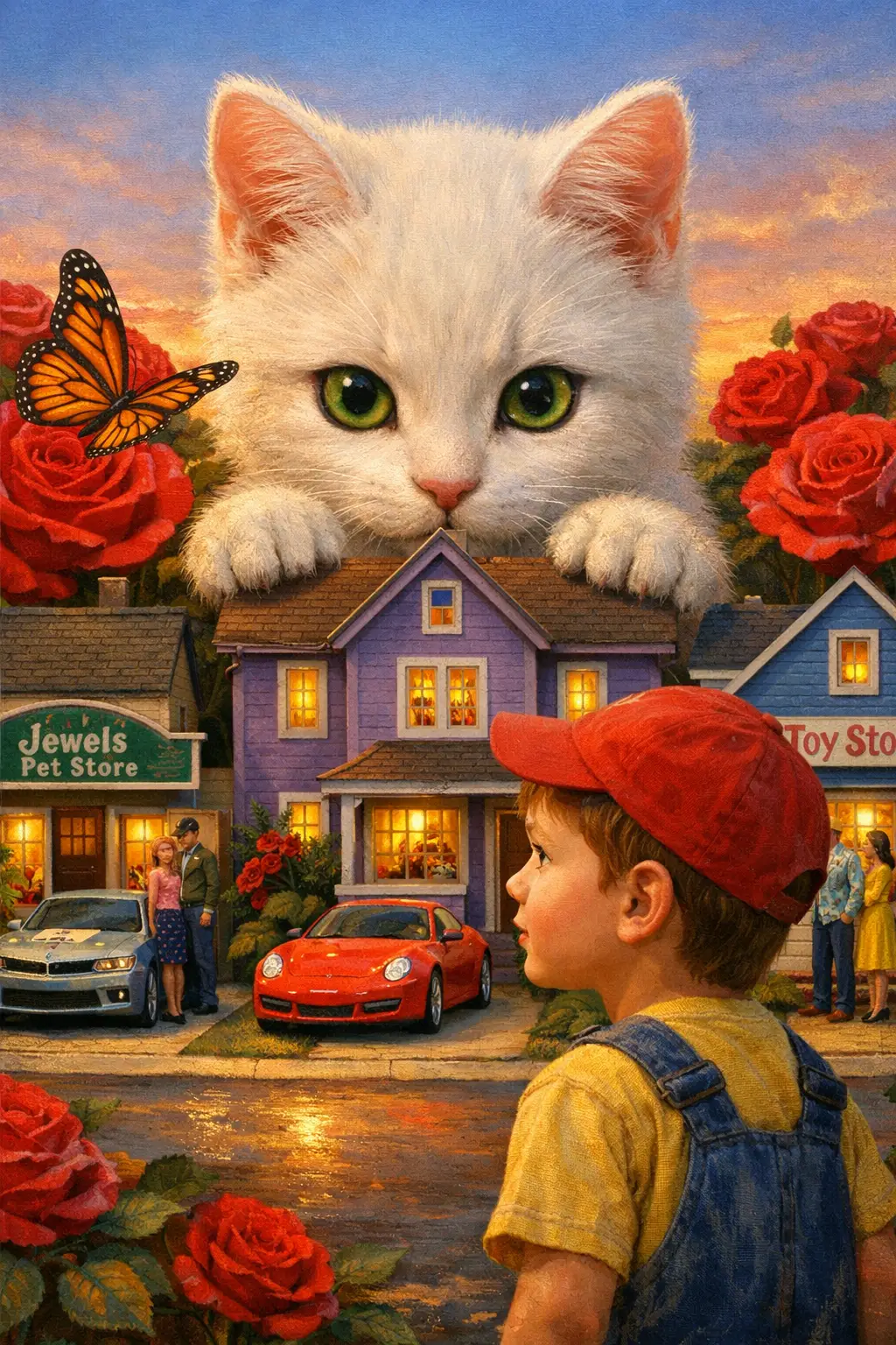 White kitten towering over tiny town and small boy