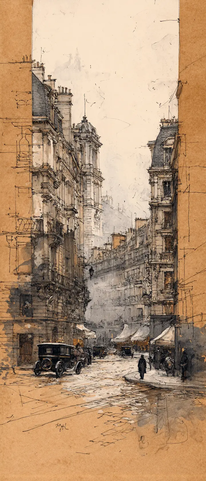 Atmospheric early twentieth century city street ink drawing