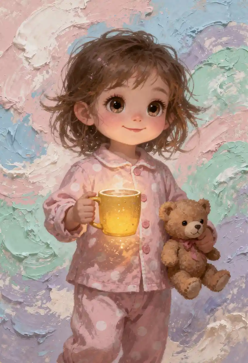 Cute girl in pink pajamas with teddy bear illustration
