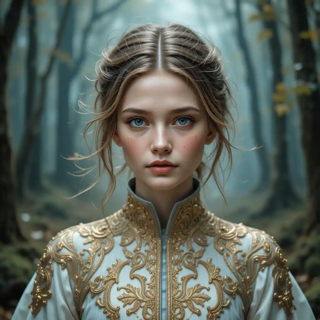 Young woman in ornate gold embroidery in misty forest
