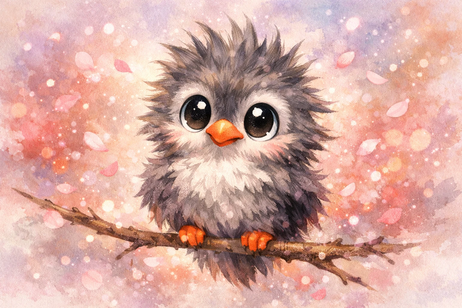 Cute cartoon bird on branch in pastel watercolor scene