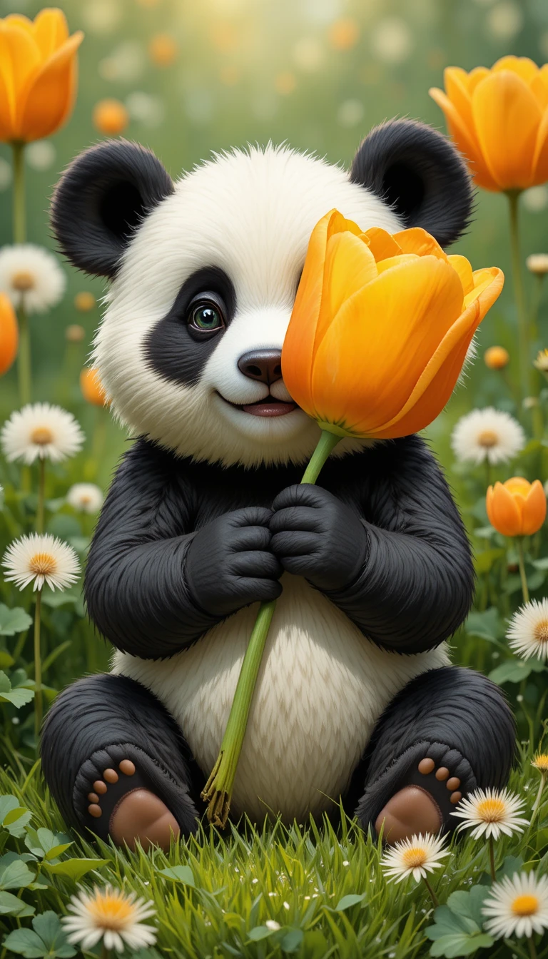 Panda de caricatura sosteniendo una tulipán naranja gigante en la hierba