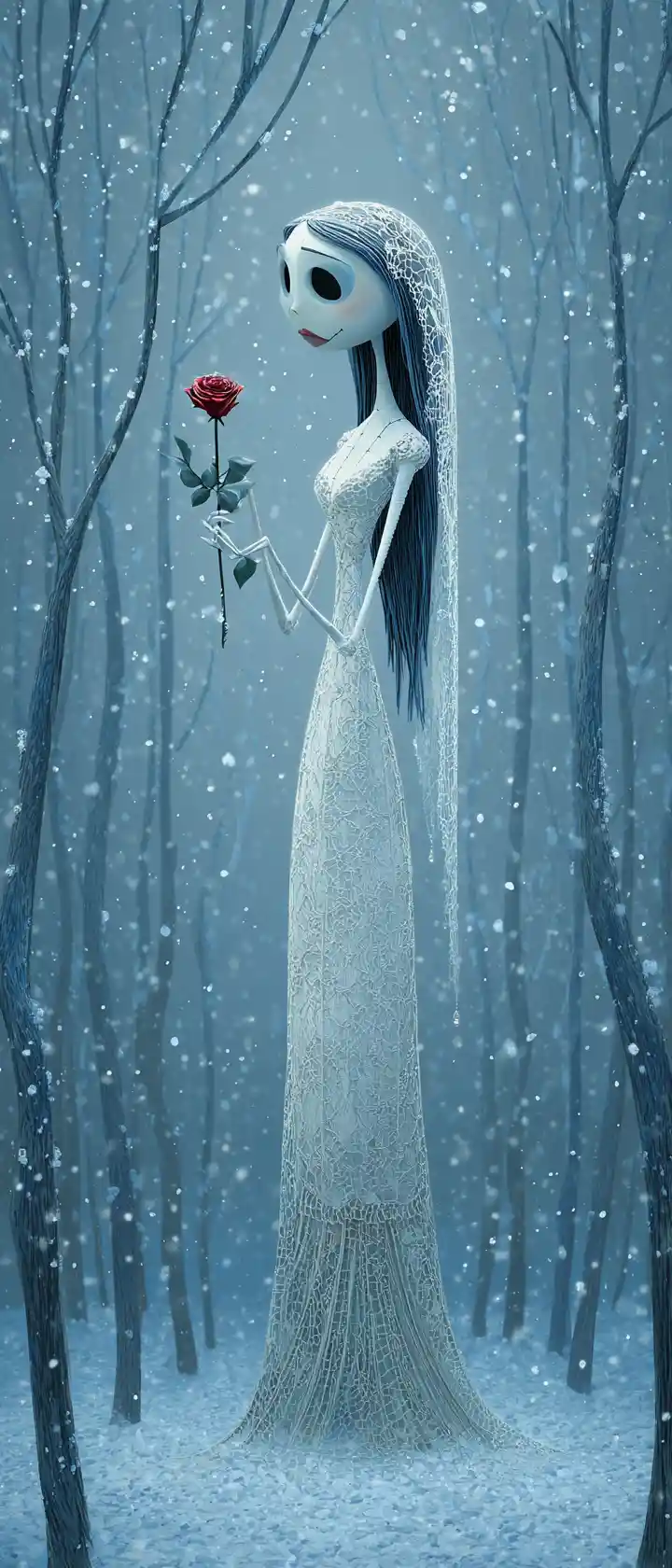 Ghostly bride placing a red rose in snowy forest