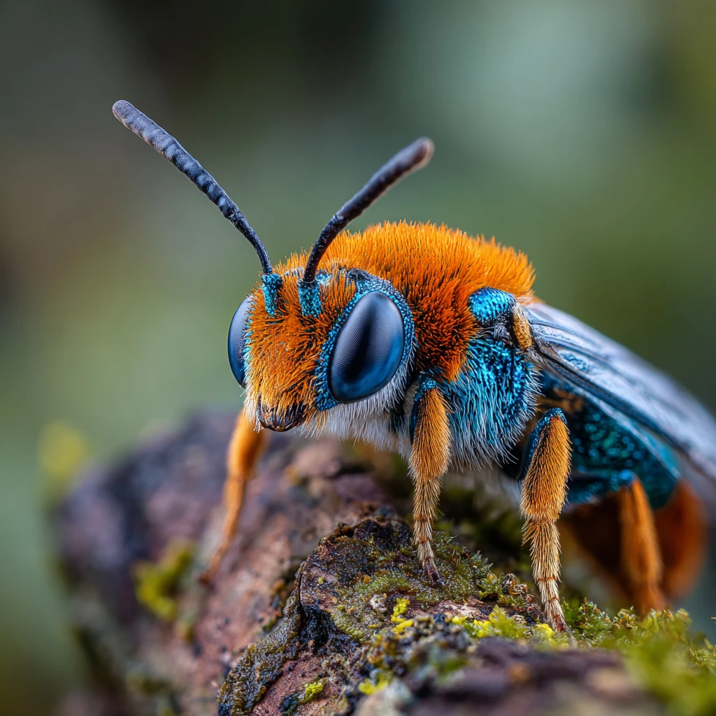 Tiny orange insect resting on mossy tree trunk