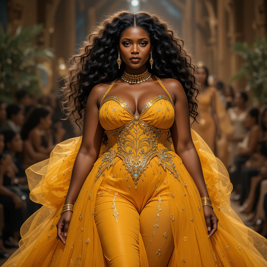 Afrofuturistic couture runway look on a curvy black model