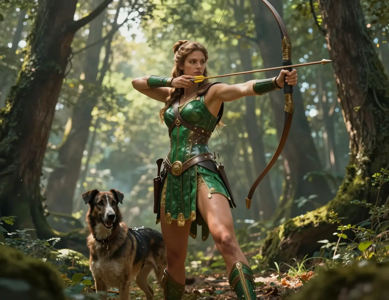 Huntress goddess drawing her bow in a sunlit forest