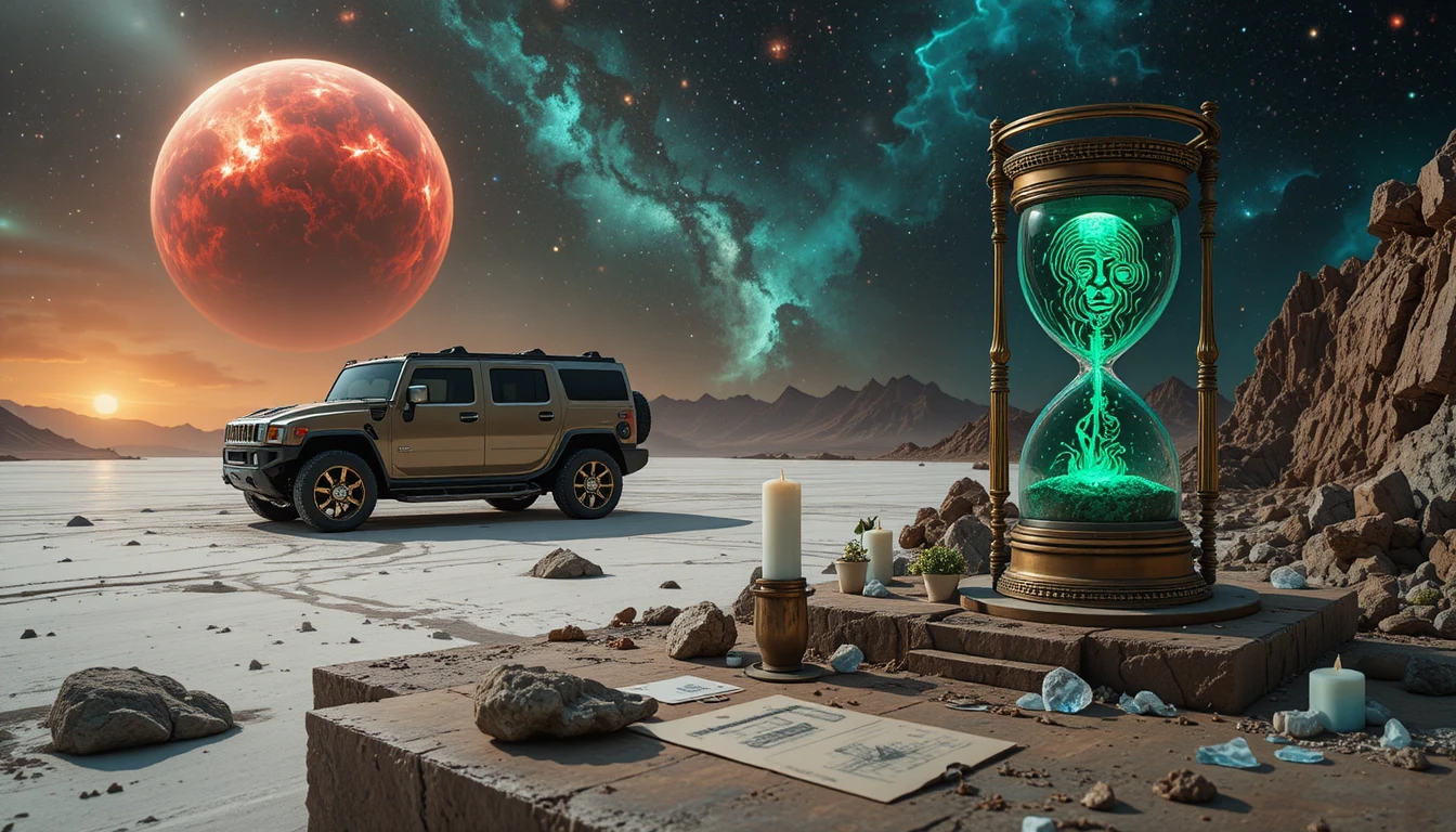 SUV futurista junto a portal en playa de arena negra cósmica