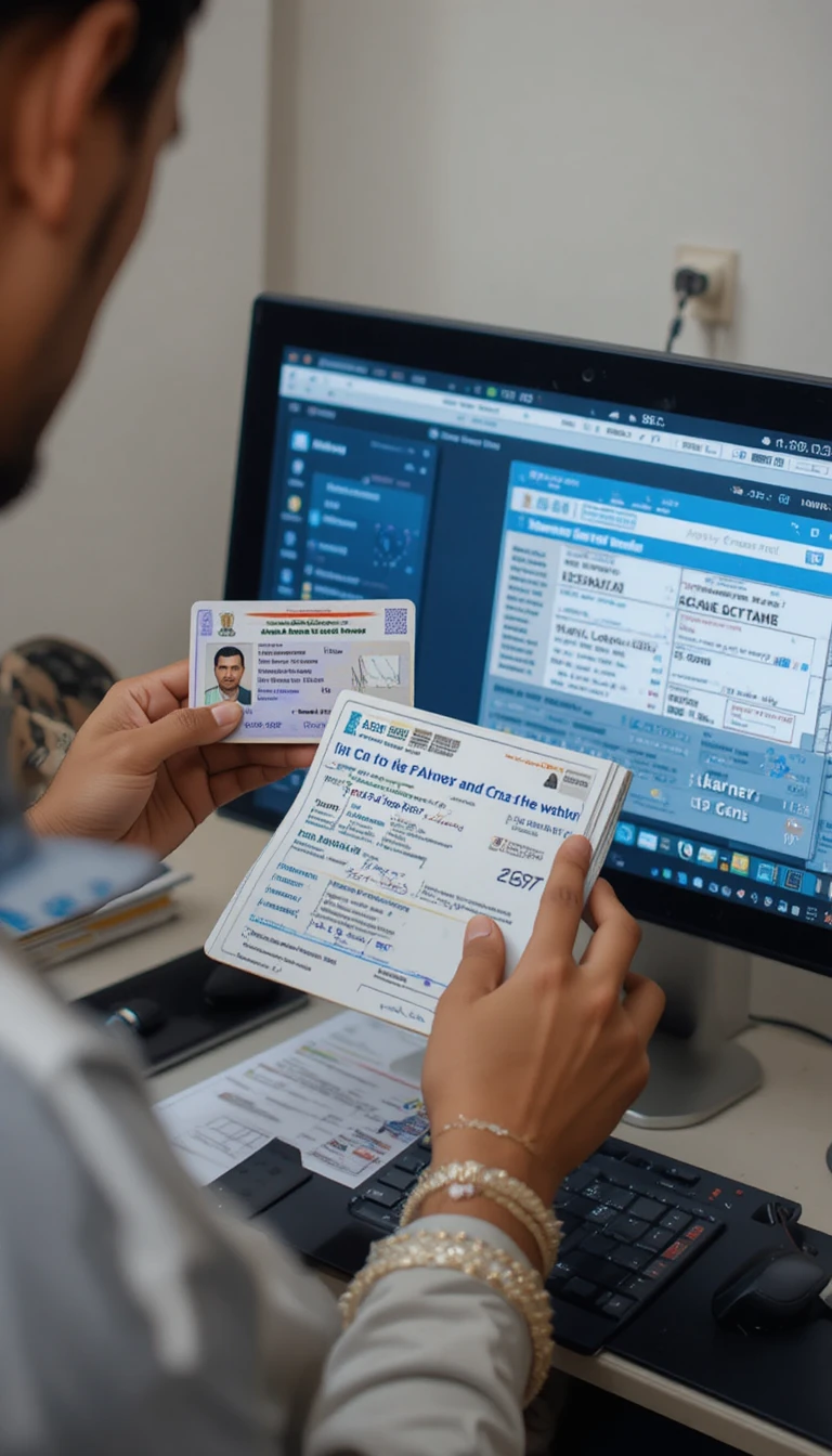 Empleado de oficina solicitando tarjeta PAN en escritorio con computadora