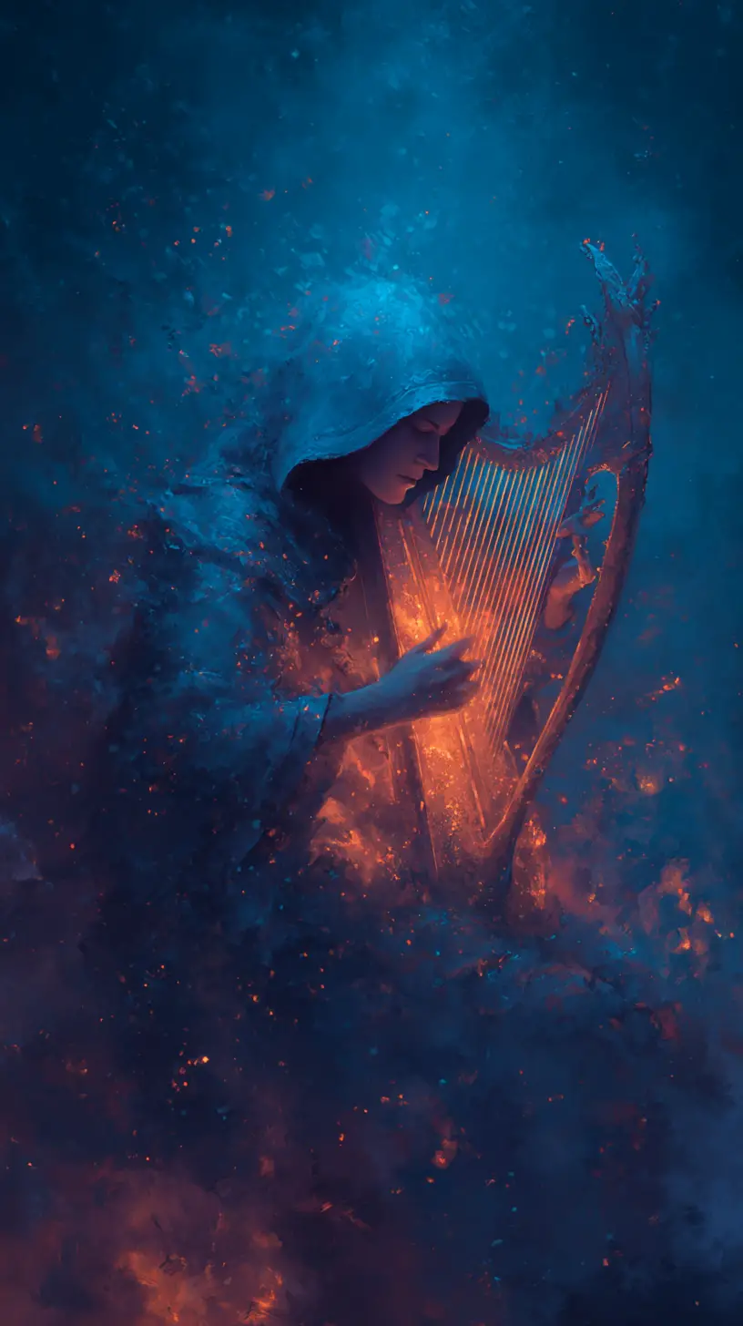 Mystical harpist playing amid swirling elemental energy