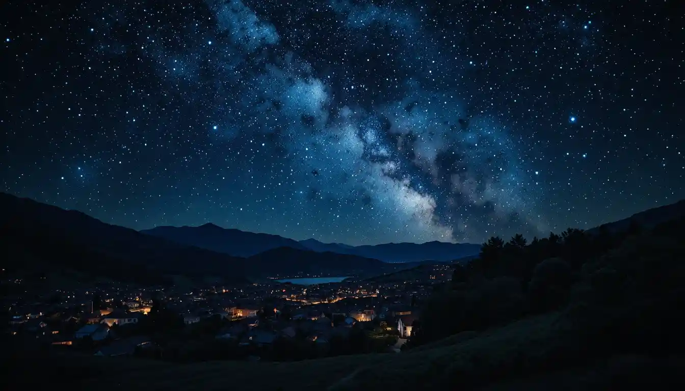 Starry Night Sky Above A Quiet Village In Stippling Style