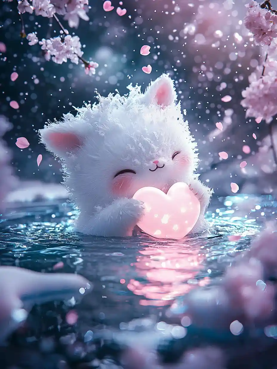 Baby yeti splashing in icy pool with glowing heart snowball