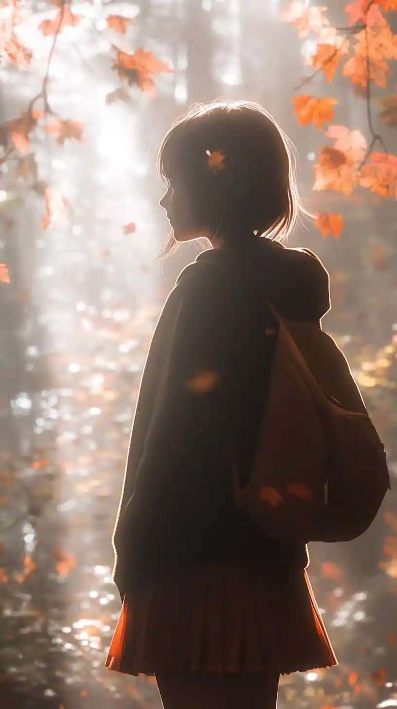 Anime girl in misty autumn forest with glowing light