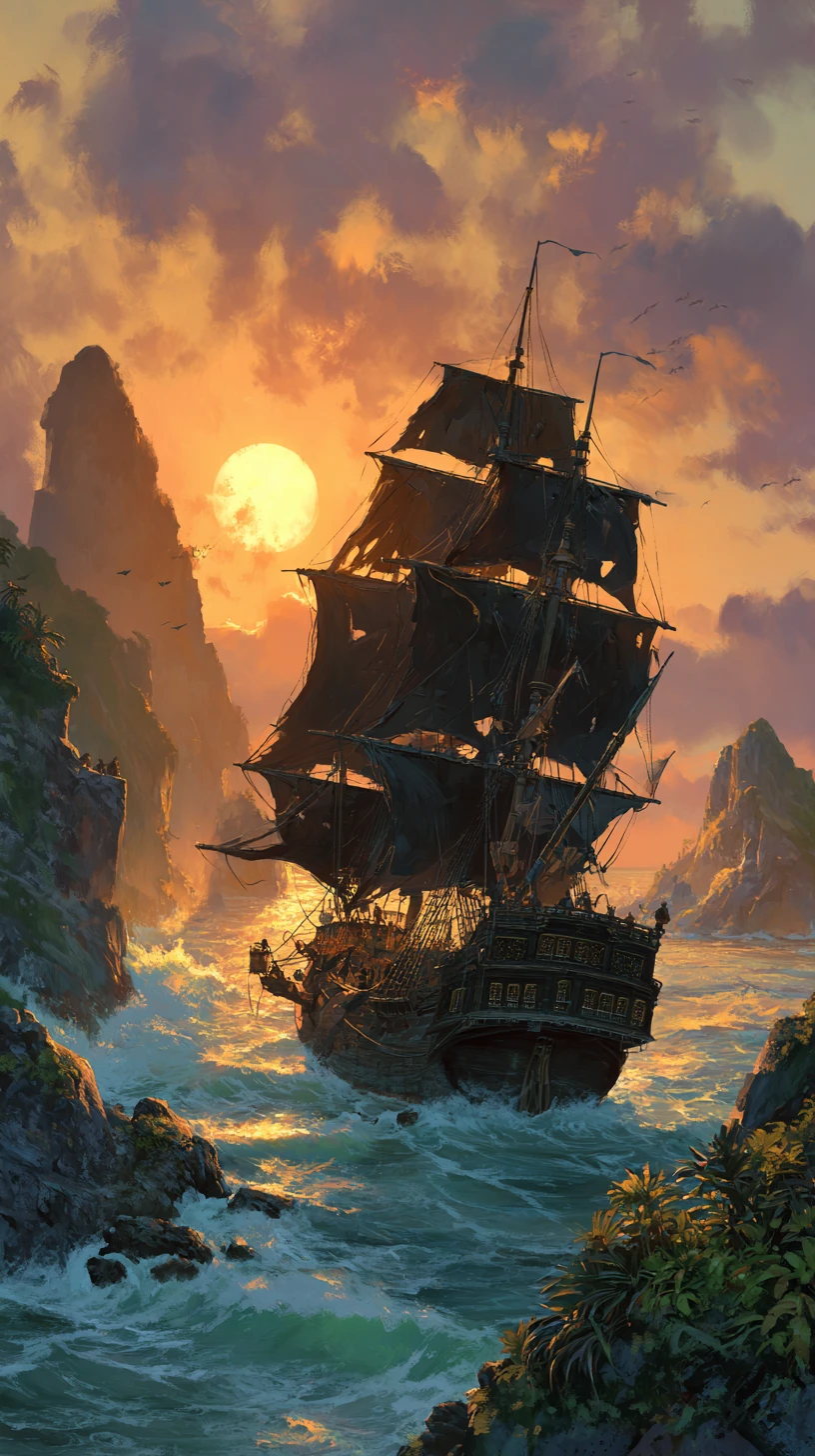 Barco pirata surca olas tormentosas al atardecer resplandeciente