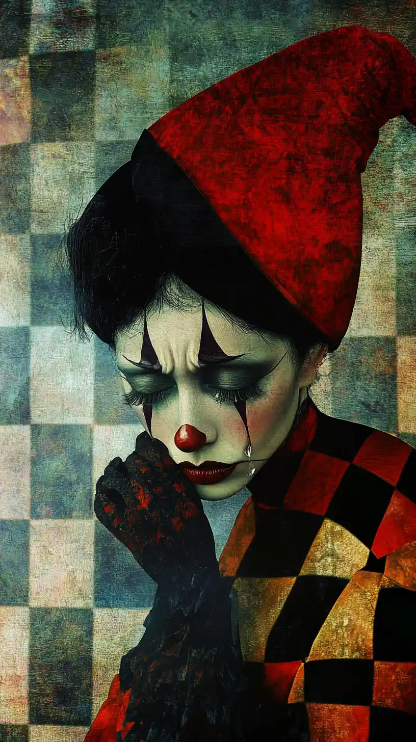 Crying female pierrot in a surreal checkerboard dreamscape