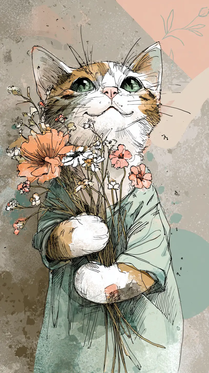Cute kitty with flowers in soft watercolor illustration