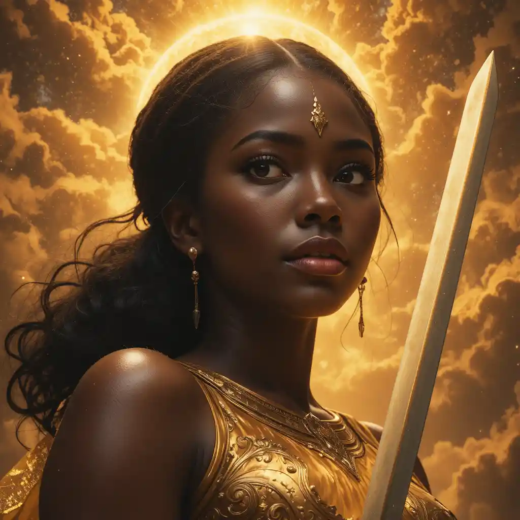 Maestosa guerriera nigeriana che discende con spada splendente