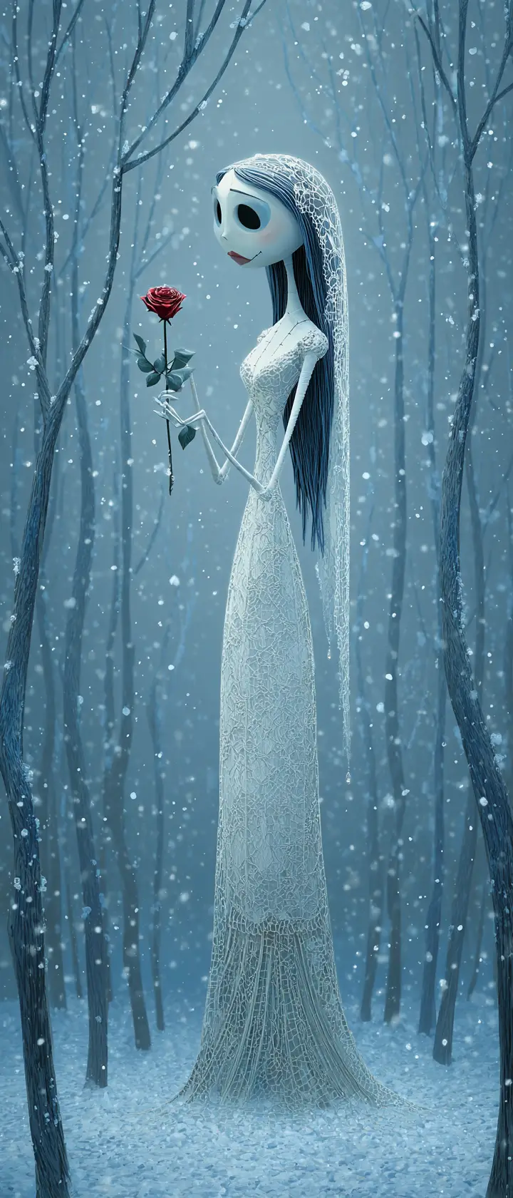 Ghostly bride placing a red rose in snowy forest