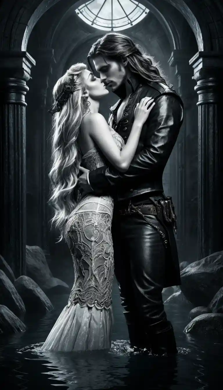 Romantic vampire and mermaid kiss in dark underwater scene