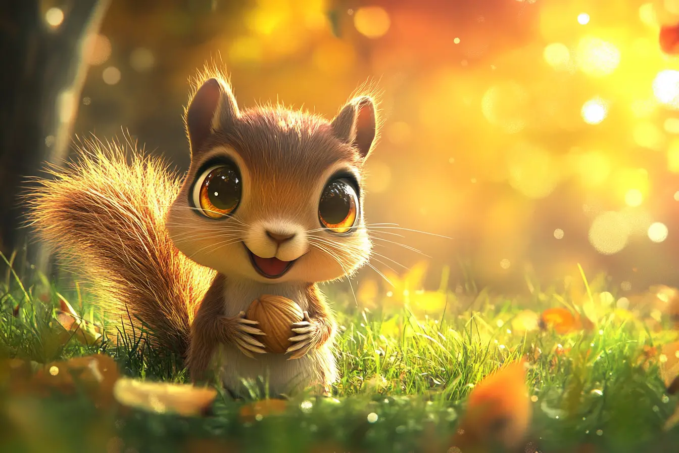 Cute chibi squirrel in autumn grass with stuffed cheeks