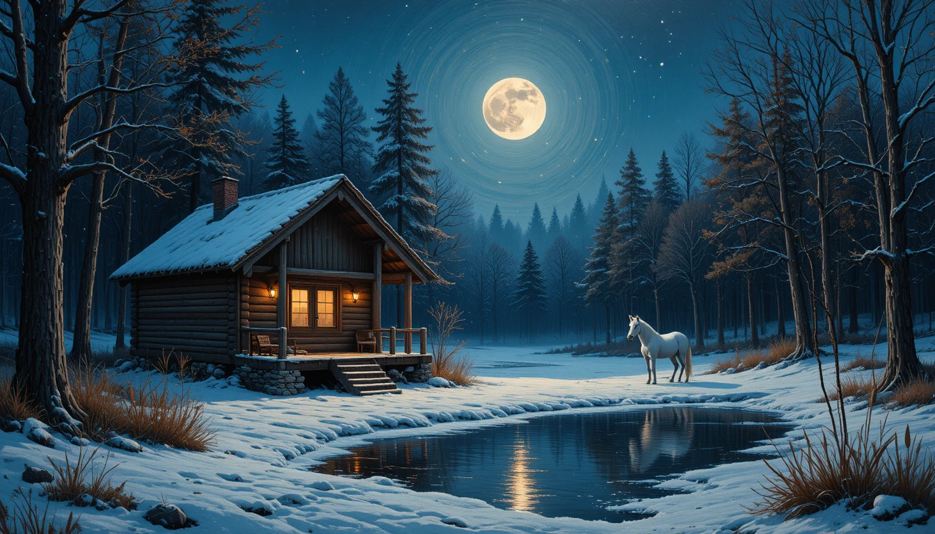 Cabaña en bosque invernal a la luz de la luna con caballo blanco descansando