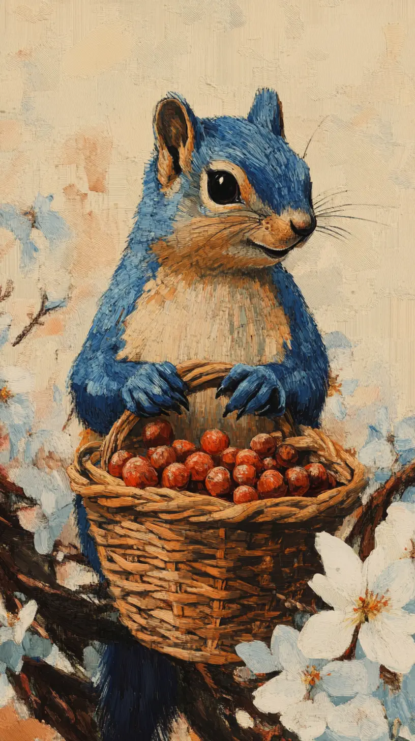 Fluffy squirrel with basket of snowdrops in spring forest