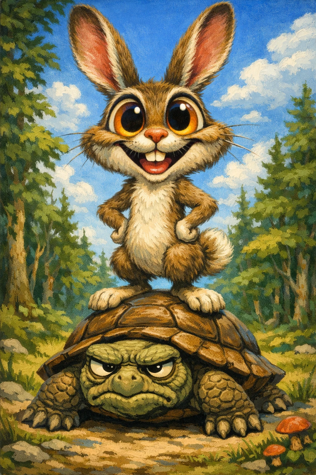 Verspielter Hase steht auf einer Schildkröte im Wald